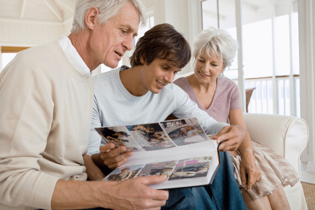 Conejo Valley family looking at photo album