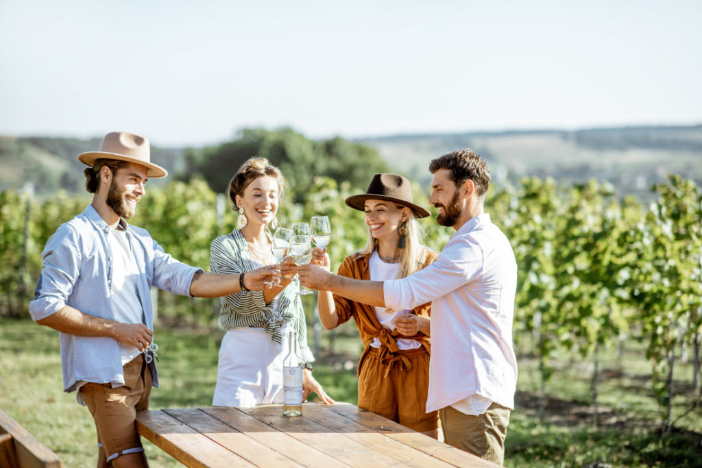 A group of friends clinking glasses together