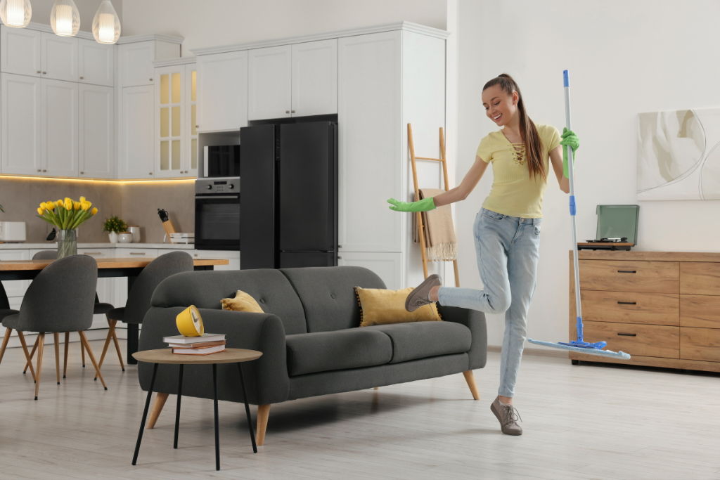 Woman smiling while cleaning